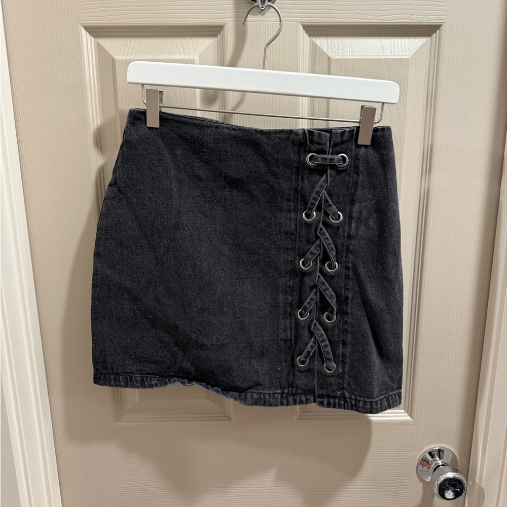 Black Denim Skirt with Lace-Up Detail